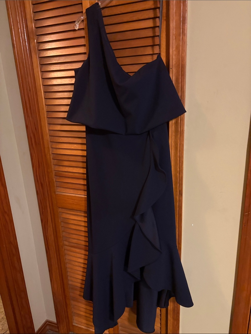 Xscape Navy One-Shoulder Ruffle Gown